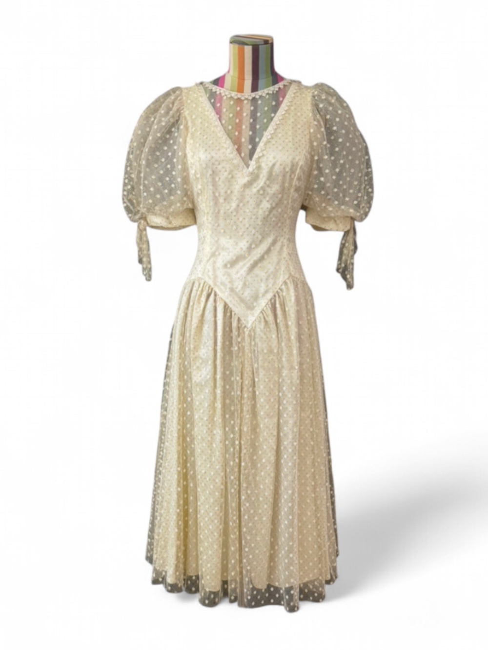 Vintage Steppin’ Out Puff Sleeve Sparkle Polka Dot Mesh Overlay Gown Dress